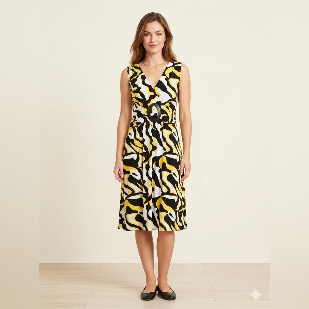Jon & Anna Yellow Black White Abstract Print V-Neck Midi Dress - Picture 5 of 12